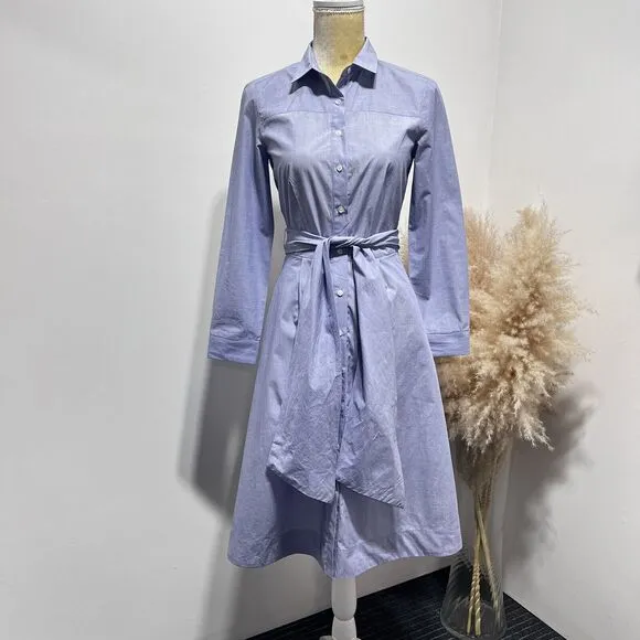 J. Crew Womens Tie-waist Midi Shirtdress in End-on-End Cotton Size 0 Blue NWOT
