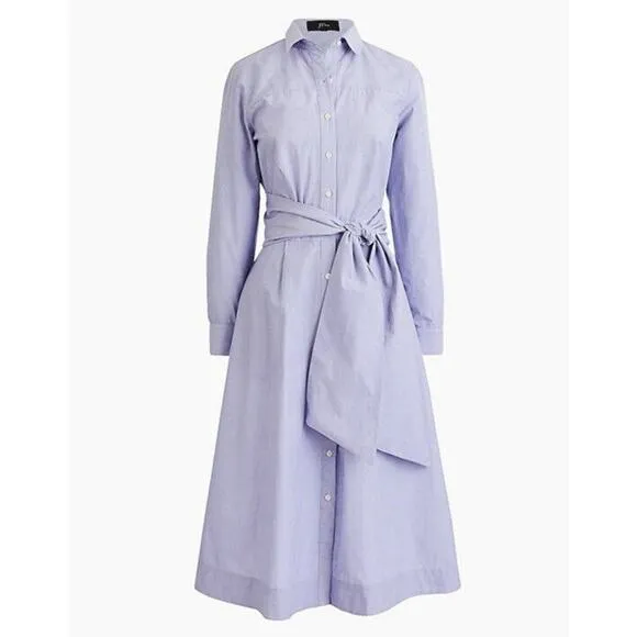 J. Crew Womens Tie-waist Midi Shirtdress in End-on-End Cotton Size 0 Blue NWOT