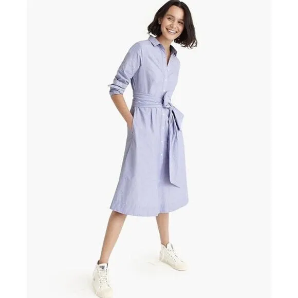 J. Crew Womens Tie-waist Midi Shirtdress in End-on-End Cotton Size 0 Blue NWOT