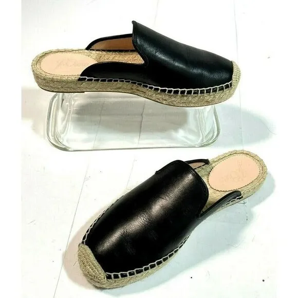 J. Crew Womens Black Leather Espadrille Mules Flats Slip on Shoes Sandals
