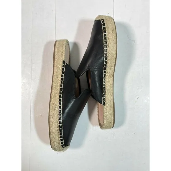 J. Crew Womens Black Leather Espadrille Mules Flats Slip on Shoes Sandals