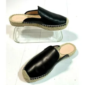 J. Crew Womens Black Leather Espadrille Mules Flats Slip on Shoes Sandals