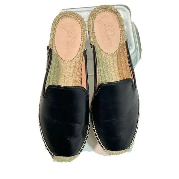 J. Crew Womens Black Leather Espadrille Mules Flats Slip on Shoes Sandals