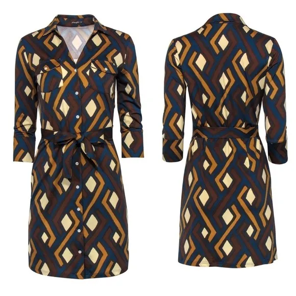 J. McLaughlin Brynn Dress in Vilhada Geo Print Retro 70s Belted Collared Sz XS