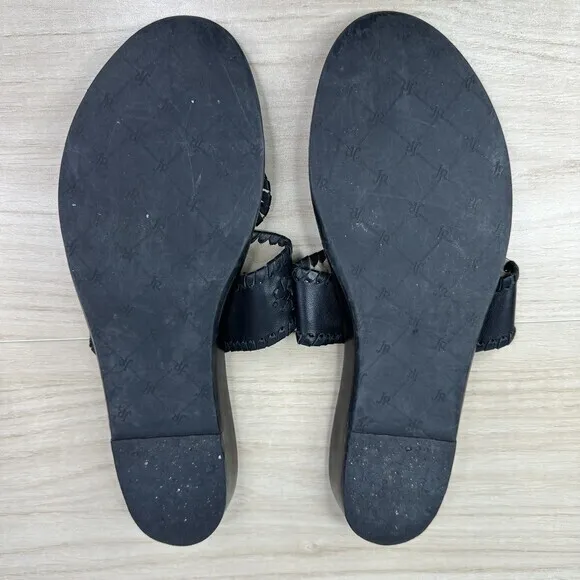 Jack Rogers Sandal Women 11M Black Leather Floral Thong Flat Slip On Boho Hippie