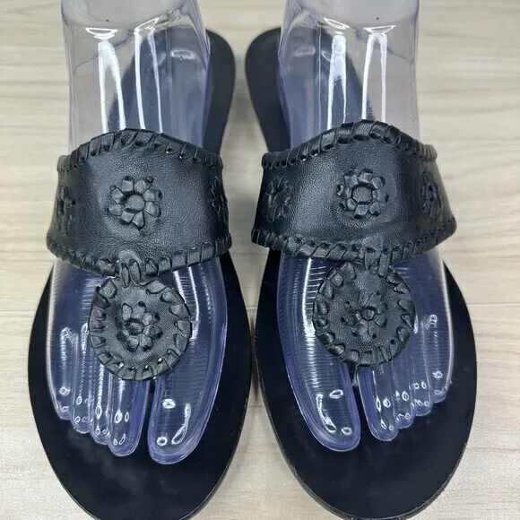 Jack Rogers Sandal Women 11M Black Leather Floral Thong Flat Slip On Boho Hippie