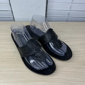 Jack Rogers Sandal Women 11M Black Leather Floral Thong Flat Slip On Boho Hippie
