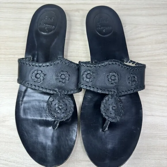 Jack Rogers Sandal Women 11M Black Leather Floral Thong Flat Slip On Boho Hippie