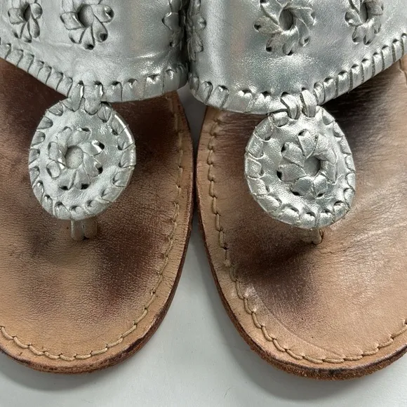 Jack Rogers Silver Leather Thong Whipstitch Slip On Thongs Sandals 7.5