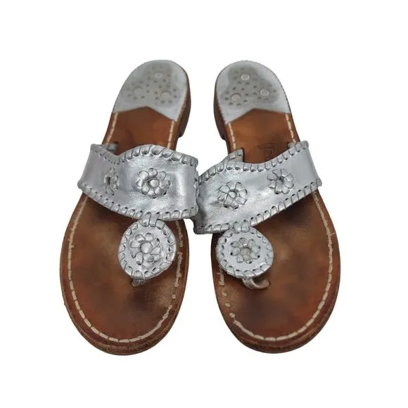 Jack Rogers Silver Metallic Hamptons Slip On Thong Medallion Sandals Size 7