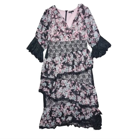 Jax Black Label Pink And Black Lace Tiered Cocktail Dress Size 14