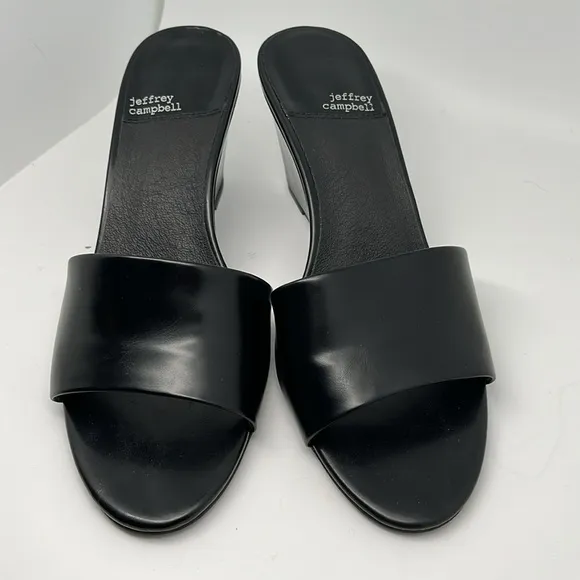 Jeffrey‎ Campbell Raelynn Womens Black Leather Slip-on Wedge Sandals Size 10