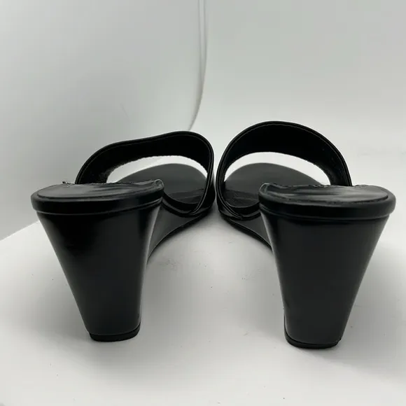 Jeffrey‎ Campbell Raelynn Womens Black Leather Slip-on Wedge Sandals Size 10