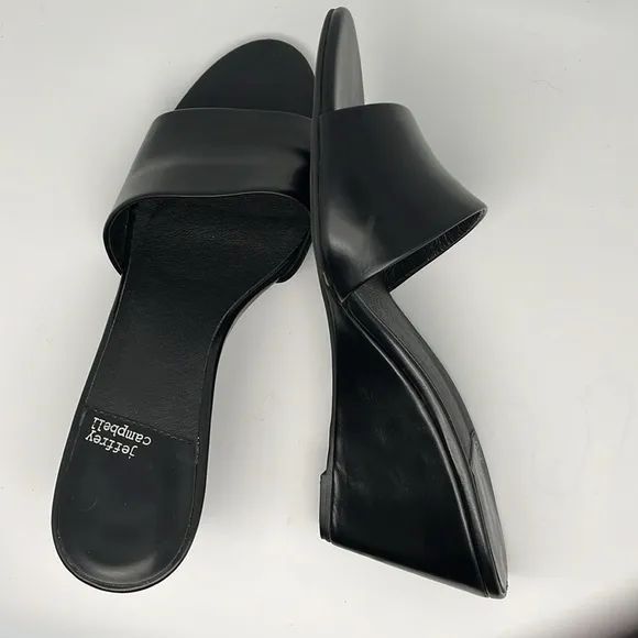 Jeffrey‎ Campbell Raelynn Womens Black Leather Slip-on Wedge Sandals Size 10
