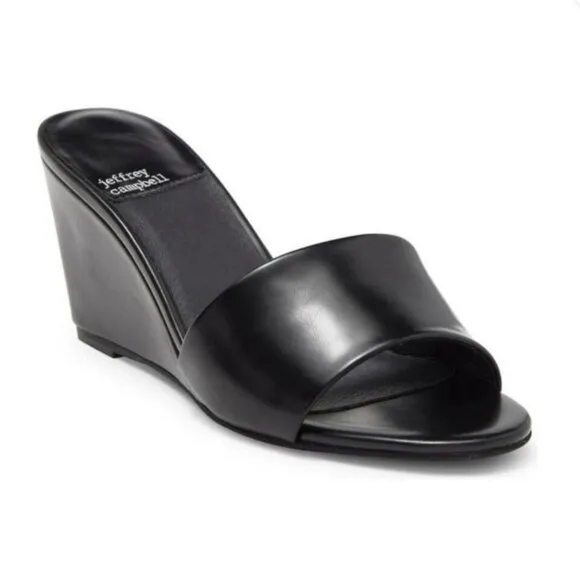 Jeffrey‎ Campbell Raelynn Womens Black Leather Slip-on Wedge Sandals Size 10