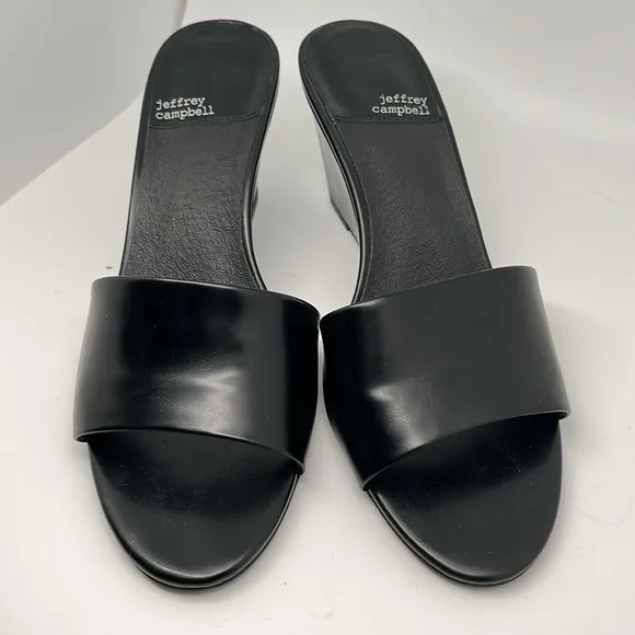 Jeffrey‎ Campbell Raelynn Womens Black Leather Slip-on Wedge Sandals Size 10