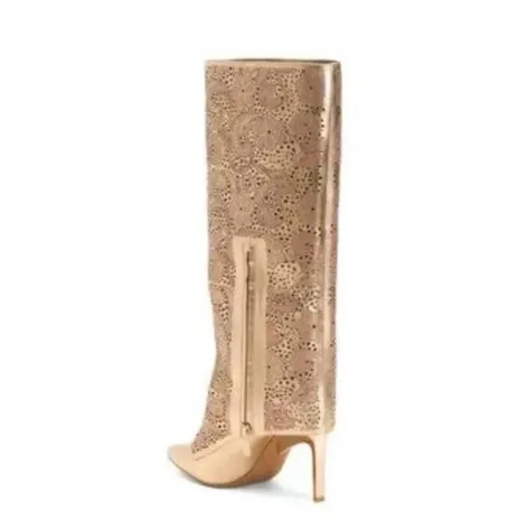 Jessica Simpson Brykia Cuffed Pointed-Toe Boots, Metallic Lace Laser Cut, Size 9