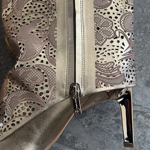 Jessica Simpson Brykia Cuffed Pointed-Toe Boots, Metallic Lace Laser Cut, Size 9
