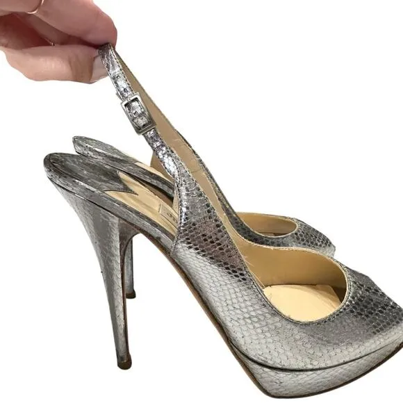 Jimmy Choo Metallic Python Embossed Leather Nova Slingback Pumps Size 38.5 / 7.5