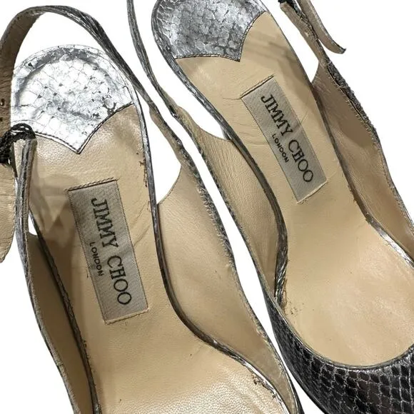 Jimmy Choo Metallic Python Embossed Leather Nova Slingback Pumps Size 38.5 / 7.5