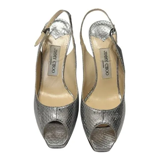 Jimmy Choo Metallic Python Embossed Leather Nova Slingback Pumps Size 38.5 / 7.5
