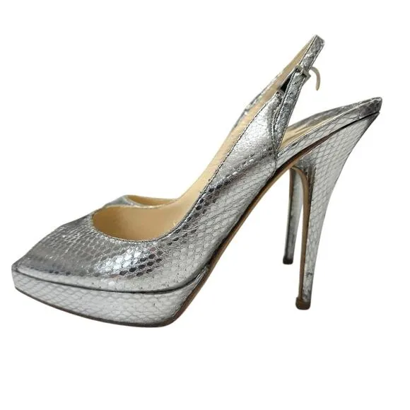 Jimmy Choo Metallic Python Embossed Leather Nova Slingback Pumps Size 38.5 / 7.5