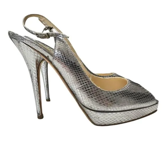 Jimmy Choo Metallic Python Embossed Leather Nova Slingback Pumps Size 38.5 / 7.5