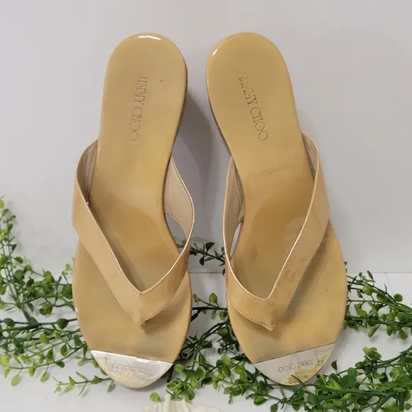 Jimmy Choo Pathos patent leather  thong slip-on cork wedge sandals women…