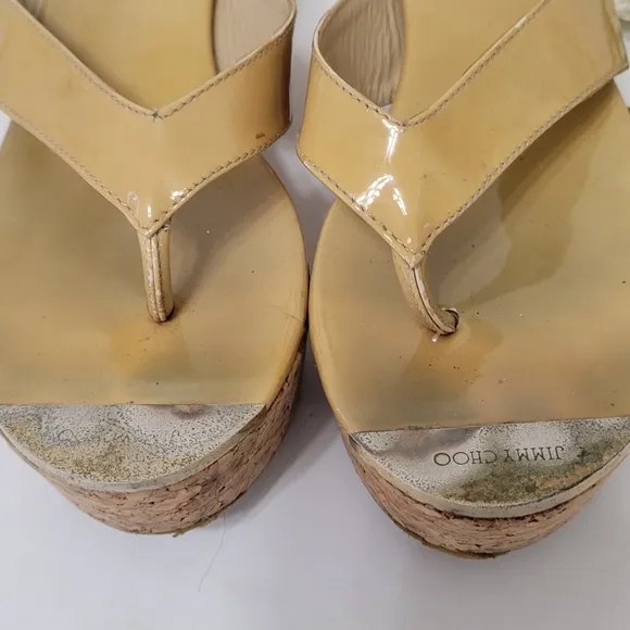 Jimmy Choo Pathos patent leather  thong slip-on cork wedge sandals women…