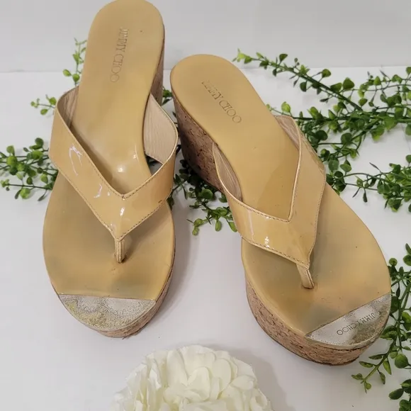 Jimmy Choo Pathos patent leather  thong slip-on cork wedge sandals women…