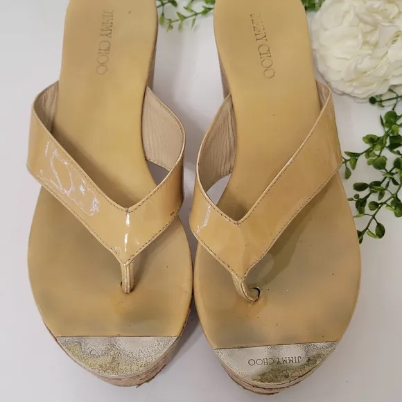 Jimmy Choo Pathos patent leather  thong slip-on cork wedge sandals women…