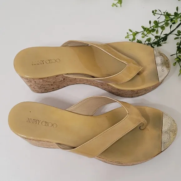 Jimmy Choo Pathos patent leather  thong slip-on cork wedge sandals women…