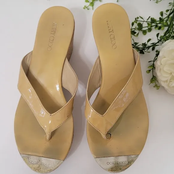 Jimmy Choo Pathos patent leather  thong slip-on cork wedge sandals women…