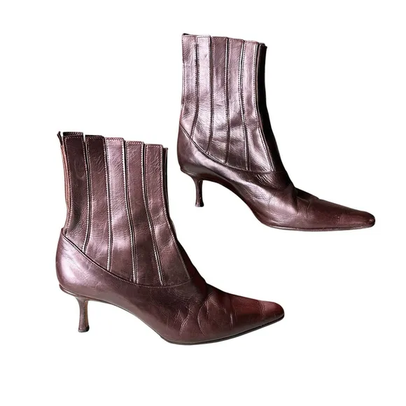 Jimmy Choo Vintage Brown Leather Ankle Booties Pointed Toe 38 / 8 Kitten Heel