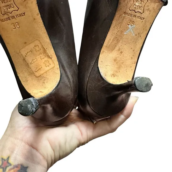 Jimmy Choo Vintage Brown Leather Ankle Booties Pointed Toe 38 / 8 Kitten Heel