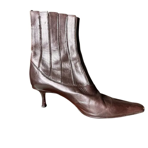 Jimmy Choo Vintage Brown Leather Ankle Booties Pointed Toe 38 / 8 Kitten Heel