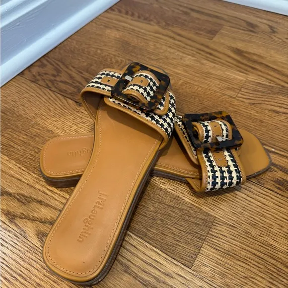 J.McLaughlin Alaia Straw and Leather Women's Slip on Slide Sandals, size 7.5