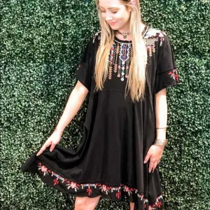 Johnny Was Arya Raw Edge Embroidered Black T-Shirt Dress