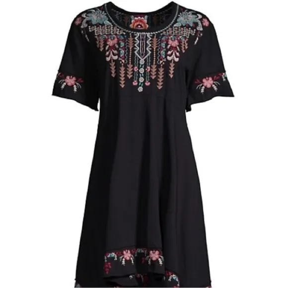 Johnny Was Arya Raw Edge Embroidered Black T-Shirt Dress