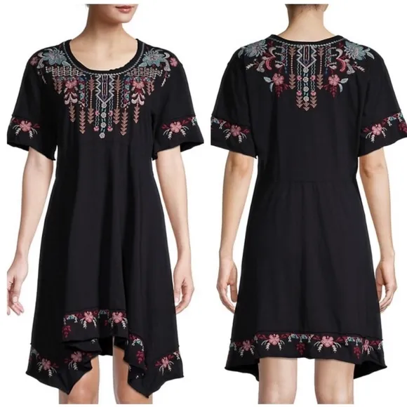 Johnny Was Arya Raw Edge Embroidered Black T-Shirt Dress