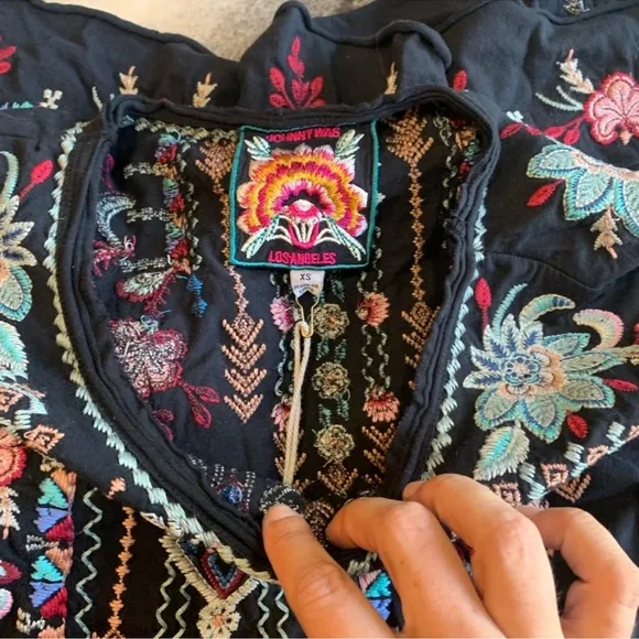 Johnny Was Arya Raw Edge Embroidered Black T-Shirt Dress