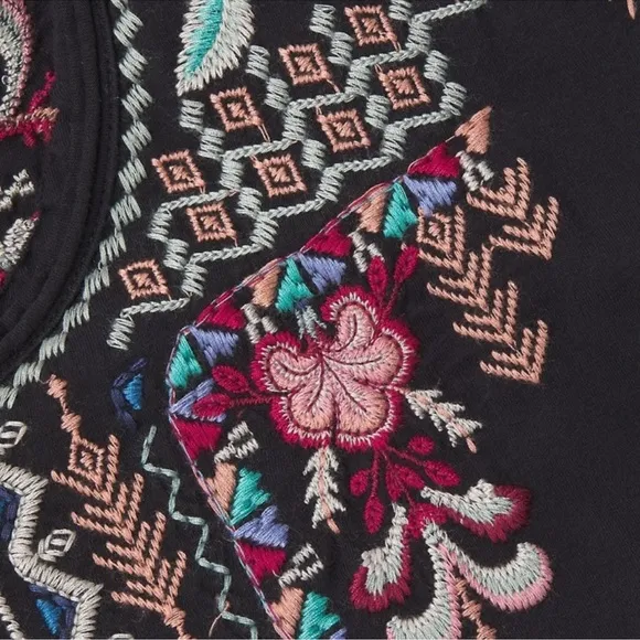 Johnny Was Arya Raw Edge Embroidered Black T-Shirt Dress