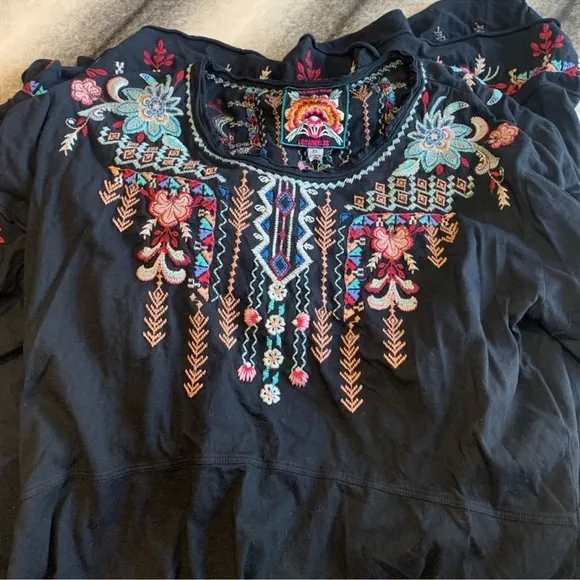 Johnny Was Arya Raw Edge Embroidered Black T-Shirt Dress