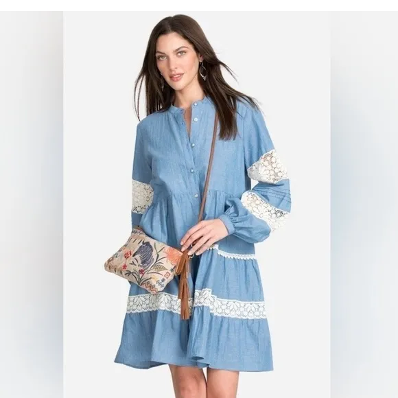 Johnny Was🔥  Laguna Pieced Mini Blue White Lace Tunic Women S
