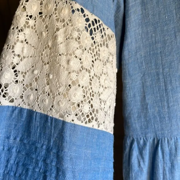 Johnny Was🔥  Laguna Pieced Mini Blue White Lace Tunic Women S