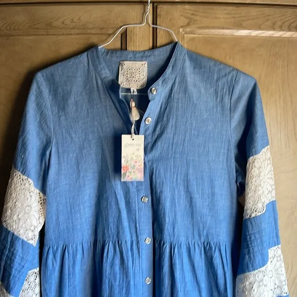 Johnny Was🔥  Laguna Pieced Mini Blue White Lace Tunic Women S