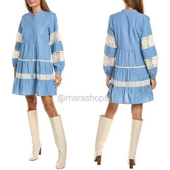 Johnny Was🔥  Laguna Pieced Mini Blue White Lace Tunic Women S