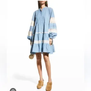 Johnny Was🔥  Laguna Pieced Mini Blue White Lace Tunic Women S