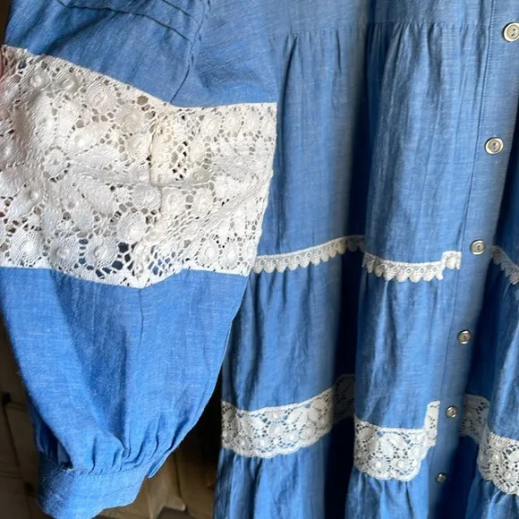 Johnny Was🔥  Laguna Pieced Mini Blue White Lace Tunic Women S
