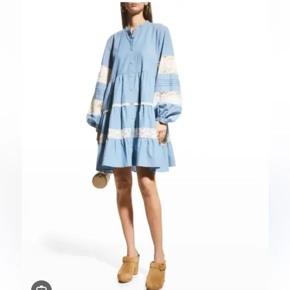Johnny Was🔥  Laguna Pieced Mini Blue White Lace Tunic Women S